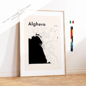 May include: Framed map art print of Alghero, Sardinia, Italy. The map is in black and white, with the city's outline in black and the surrounding area in white. The text "Alghero" is at the top, with "Print/Frame Options Available" in the upper left corner.