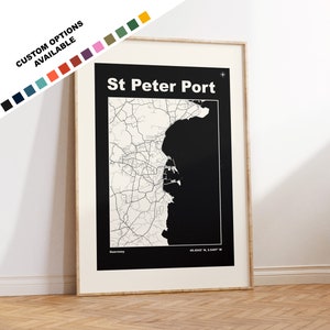 St Peter Port Map Print - Custom Text Options - St Peter Port Map - Mid Century Modern - Custom Colours - Framed or Canvas Options - Gift