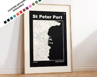St Peter Port Map Print - Custom Text Options - St Peter Port Map - Mid Century Modern - Custom Colours - Framed or Canvas Options - Gift