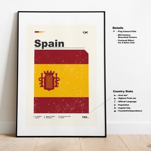 K&ouml;nnte beinhalten: Ein Vintage-Poster mit der Flagge Spaniens mit einem strukturierten Effekt. Das Poster enth&auml;lt das Wort "Spanien" in Fettdruck und Details zur Flagge des Landes, zur Fl&auml;che, zum h&ouml;chsten Gipfel, zur Amtssprache, zur Bev&ouml;lkerung, zur Hauptstadt und zum Gr&uuml;ndungsdatum.