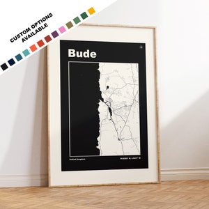 Impression de carte de Bude - Options/couleurs personnalisées disponibles - Impressions ou impressions encadrées - Bude Cornwall - Texte personnalisé pour cadeau