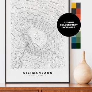 Impresión del Kilimanjaro - Mapa de contorno - Póster del Kilimanjaro - Mapa topográfico - Impresión - Póster - Arte mural - Tanzania - Monte Kilimanjaro