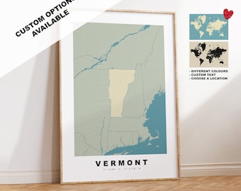 Vermont Kartendruck - Personalisiertes Kartengeschenk - Rahmen- oder Leinwandoptionen verfügbar - Benutzerdefinierte Textoptionen - Personalisiertes Geschenk