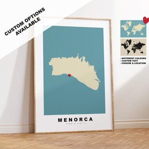Menorca Kartendruck - Personalisierte Karte Geschenk - Rahmen- oder Leinwandoptionen verfügbar - Benutzerdefinierte Textoptionen - Personalisiertes Geschenk