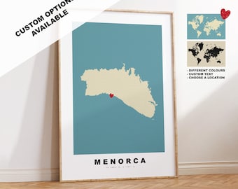 Menorca Map Print - Personalised Map Gift - Framed or Canvas Options Available - Custom Text Options - Personalised Gift