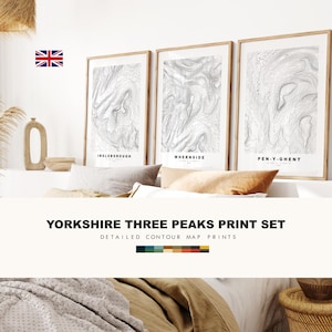 Yorkshire Three Peaks Print Set x3 - Pen Y Ghent - Ingleborough - Whernside - Yorkshire Dales - Map Print - Map Poster - Wall Art - Gift