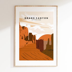 Pode incluir: Um p&ocirc;ster de estilo retro com uma vista do p&ocirc;r do sol do Grand Canyon National Park. O p&ocirc;ster apresenta uma ilustra&ccedil;&atilde;o estilizada do c&acirc;nion em tons de laranja, marrom e bege.