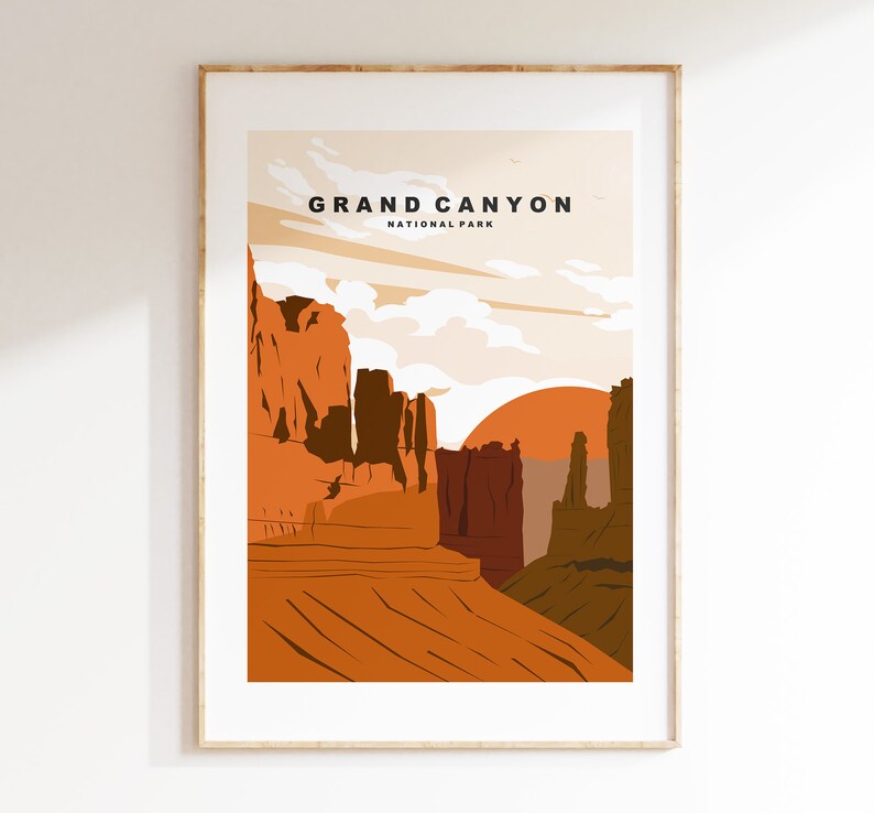 Pode incluir: Um p&ocirc;ster de estilo retro com uma vista do p&ocirc;r do sol do Grand Canyon National Park. O p&ocirc;ster apresenta uma ilustra&ccedil;&atilde;o estilizada do c&acirc;nion em tons de laranja, marrom e bege.