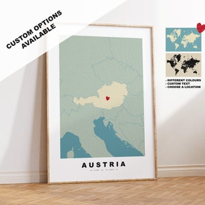 Impresión de mapa de Austria - Regalo de mapa personalizado - Opciones disponibles enmarcadas o en lienzo - Opciones de texto personalizado - Regalo personalizado