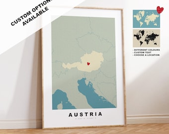 Austria Map Print - Personalised Map Gift - Framed or Canvas Options Available - Custom Text Options - Personalised Gift