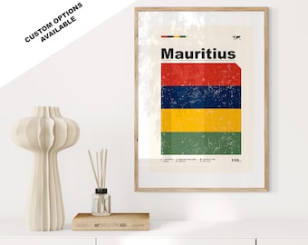 May include: A vintage-style poster with a distressed background featuring the flag of Mauritius. The poster is framed in a light wood frame and has the word "Mauritius" printed in bold black letters at the top.