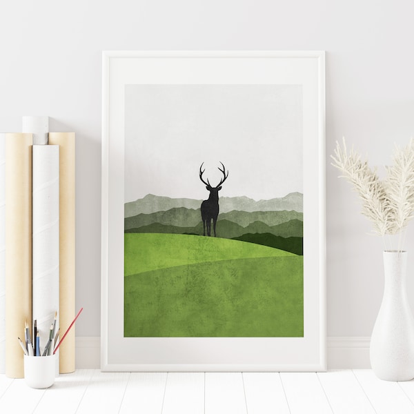 Scandinavian Print - Stag in the Woods - Modern Art Print - Wall Art - Scandinavian Modern - Home Decor - White Wall Art - Nature - Travel