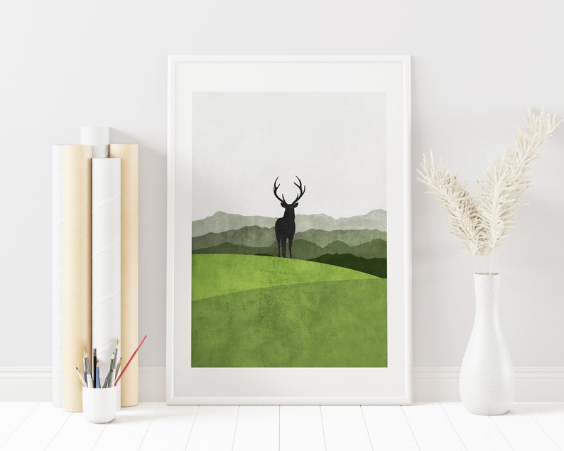 Scandinavian Print Stag in the Woods Modern Art Print Wall Art Scandinavian Modern Home Decor White Wall Art Nature Travel image 1