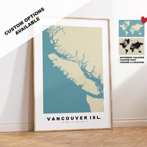 Impression de carte de l'île de Vancouver - Cadeau carte personnalisé - Options encadrées ou toile disponibles - Options de texte personnalisées - Cadeau personnalisé