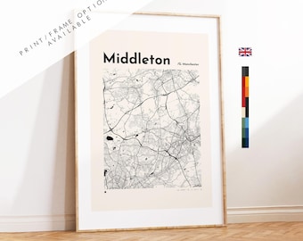 Stampa della mappa di Middleton - Opzioni/colori personalizzati disponibili - Stampe o stampe incorniciate - Greater Manchester, Regno Unito
