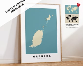 Grenada Map Print - Personalised Map Gift - Framed or Canvas Options Available - Custom Text Options - Personalised Gift