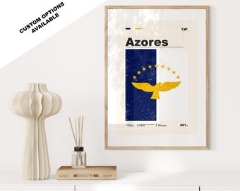 Lámina con la bandera de las Azores - Póster de la bandera - Estilo moderno de mediados de siglo - Opciones personalizadas disponibles - Disponibles láminas enmarcadas o en lienzo - Regalo personalizado