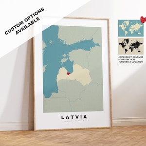 Stampa mappa Lettonia - Regalo mappa personalizzato - Opzioni incorniciate o su tela disponibili - Opzioni testo personalizzate - Regalo personalizzato