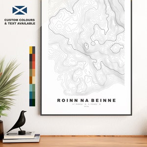 Roinn-na-Beinne-afdruk - contourkaart - Roinn-na-Beinne-poster - Schotland - topografische kaart - afdruk - muurkunst - kaart Roinn-na-Beinne