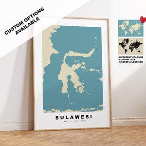 Impressão de mapa de Sulawesi - presente de mapa personalizado - opções emolduradas ou em tela disponíveis - opções de texto personalizado - presente personalizado