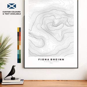 Fiona Bheinn-afdruk - contourkaart - Fiona Bheinn-poster - Schotland - topografische kaart - afdrukken - muurkunst - Fiona Bheinn-kaart