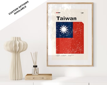 Impresión de la bandera de Taiwán - Póster de la bandera - Arte moderno de mediados de siglo - Opciones personalizadas disponibles - Impresiones enmarcadas o en lienzo disponibles - Regalo personalizado