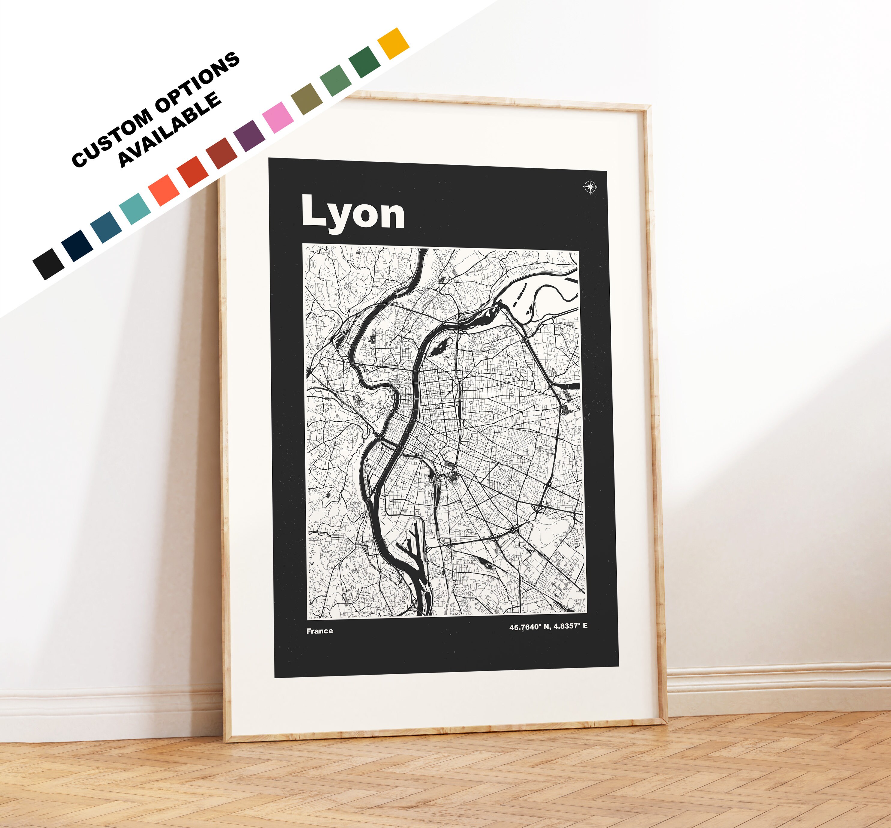 Lyon Map Print - Print, Framed or on Canvas - Prints or Framed Prints - Lyon, France - Custom Text Options - France City Maps