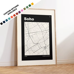 Impresión del mapa de Soho: opciones y colores personalizados disponibles: impresiones o impresiones enmarcadas: Soho London: texto personalizado para regalo