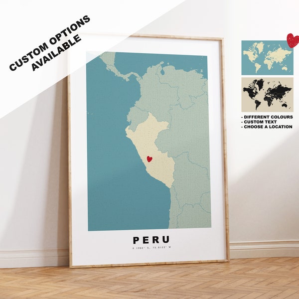 Peru Kartendruck - Personalisiertes Kartengeschenk - Rahmen- oder Leinwandoptionen verfügbar - Benutzerdefinierte Textoptionen - Personalisiertes Geschenk