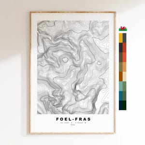 Impressão Foel-Fras - Mapa de Contorno - Snowdonia - País de Gales - Mapa Topográfico - Impressão - Pôster - Arte de Parede - Pôster Foel-Fras - Cordilheira Carneddau