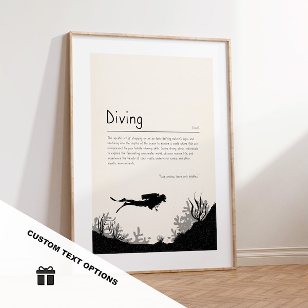 Diving Definition Print - Custom Text/Quote Options - Customised Gift - Framed or Canvas - Quote Print - Different Colours Available