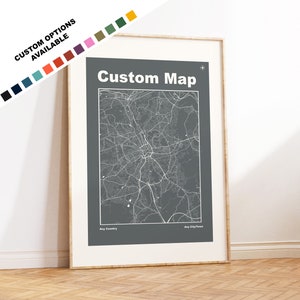 Custom Map Art Poster - Choose Any Town or City  - 18 Colour Options - Custom Text for Gift - Scandinavian / Mid Century - Gift Options