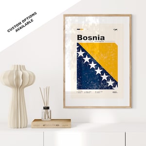 Bosnia and Herzegovina Print - Flag Poster - Mid Century Modern - Custom Options Available - Framed or Canvas Prints Available - Custom Gift