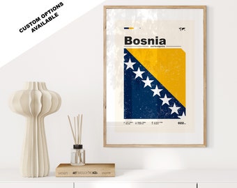 Impresión de Bosnia y Herzegovina - Póster con la bandera - Estilo moderno de mediados de siglo - Opciones personalizadas disponibles - Impresiones enmarcadas o en lienzo disponibles - Regalo personalizado