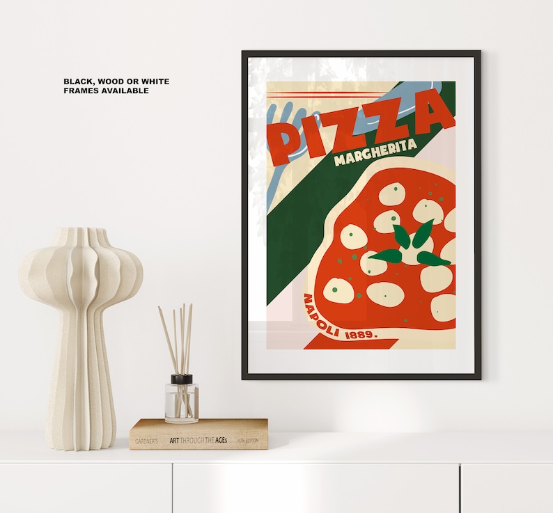 Puede incluir: Un p&oacute;ster de estilo vintage con una ilustraci&oacute;n colorida de una pizza. El texto en el p&oacute;ster dice "PIZZA MARGHERITA NAPOLI 1889."
