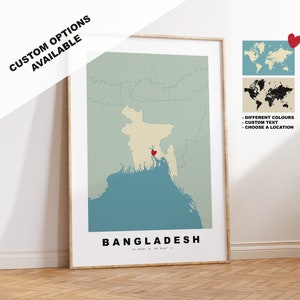 Wydruk mapy Bangladeszu - Spersonalizowany prezent w postaci mapy - Dostępne opcje w ramie lub na płótnie - Opcje niestandardowego tekstu - Spersonalizowany prezent