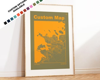Retro Style City Map - Choose Any Town or City  - 18 Colour Options - Custom Text for Gift - Retro / Vintage  / Mid Century - Gift Options