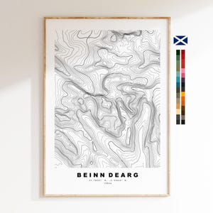 May include: A framed vertical wall art print featuring a black and white topographic map of Beinn Dearg. The print displays intricate contour lines, the text BEINN DEARG, coordinates 57.78541 N, -4.92003 W, 1084m, and a color palette sidebar.