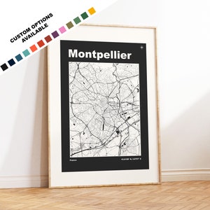 Impresión de mapa de Montpellier - Impresión, enmarcada o sobre lienzo - Impresiones o impresiones enmarcadas - Montpellier, Francia - Opciones de texto personalizadas - Mapas de ciudades de Francia