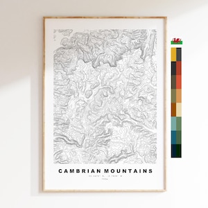 Cambriumgebergte kaart afdrukken - contourkaart - topografische kaart - afdrukken - poster - Mynyddoedd Cambria - Plynlimon - Wales