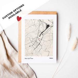 Carte personnalisée, n'importe quelle ville - Texte personnalisé/Emplacement du cœur - Vierge à l'intérieur ou avec message - Enveloppe incluse - Carte pour partenaire