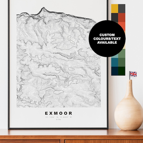 Exmoor Print - Contour Map -  Exmoor Map - Topographic Map - Print - Poster - Wall Art - Exmoor National Park - Gift - Topography