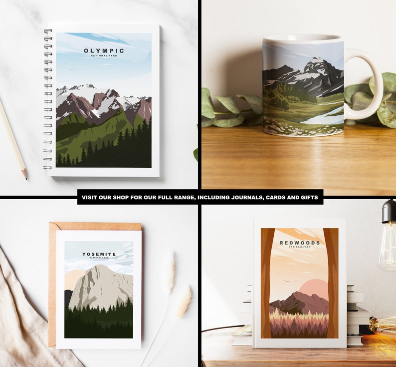 Pode incluir: Quatro designs diferentes de ilustra&ccedil;&otilde;es de parques nacionais. Os designs apresentam um di&aacute;rio, uma caneca, um cart&atilde;o e uma impress&atilde;o emoldurada. As ilustra&ccedil;&otilde;es s&atilde;o todas em um estilo semelhante, com um design minimalista e um foco na beleza natural dos parques. Os parques apresentados s&atilde;o o Olympic National Park, o Yosemite National Park, o Redwood National Park e um quarto parque que n&atilde;o est&aacute; identificado.