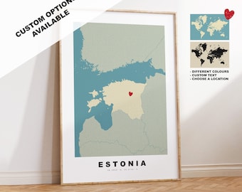 Estonia Map Print - Personalised Map Gift - Framed or Canvas Options Available - Custom Text Options - Personalised Gift