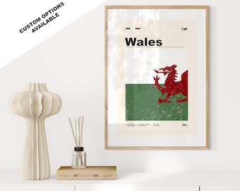 Wales Flag Print - Flag Poster - Mid Century Modern - Custom Options Available - Framed or Canvas Prints Available - Custom Gift