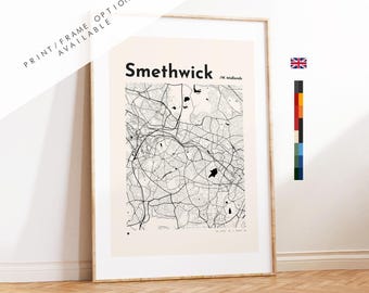 Impression de carte de Smethwick - Options/couleurs personnalisées disponibles - Impressions ou impressions encadrées - West Midlands, Royaume-Uni