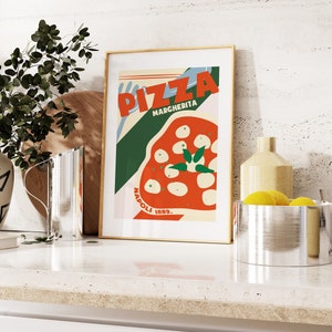 Puede incluir: Una impresi&oacute;n enmarcada con un dise&ntilde;o retro que presenta una pizza con el texto "Pizza Margherita Napoli 1889".