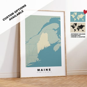 Maine Map Print - Personalised Map Gift - Framed or Canvas Options Available - Custom Text Options - Personalised Gift