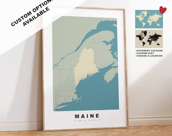 Maine Map Print - Personalised Map Gift - Framed or Canvas Options Available - Custom Text Options - Personalised Gift