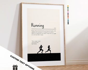 May include: A printable poster with a beige background and black text that reads "Running" and a definition of the word. The poster also includes a black silhouette of two runners. The text at the bottom of the poster reads "There is magic in misery. Just ask any runner. Dean Karnazes."